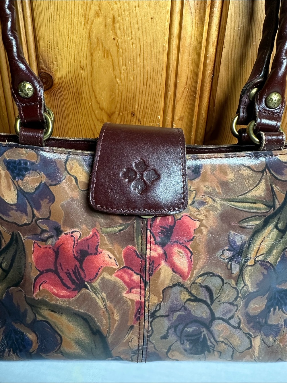 Patricia Nash Brown Hand-Painted Floral Shoulder Bag with Red Accents - Picture 13 of 16